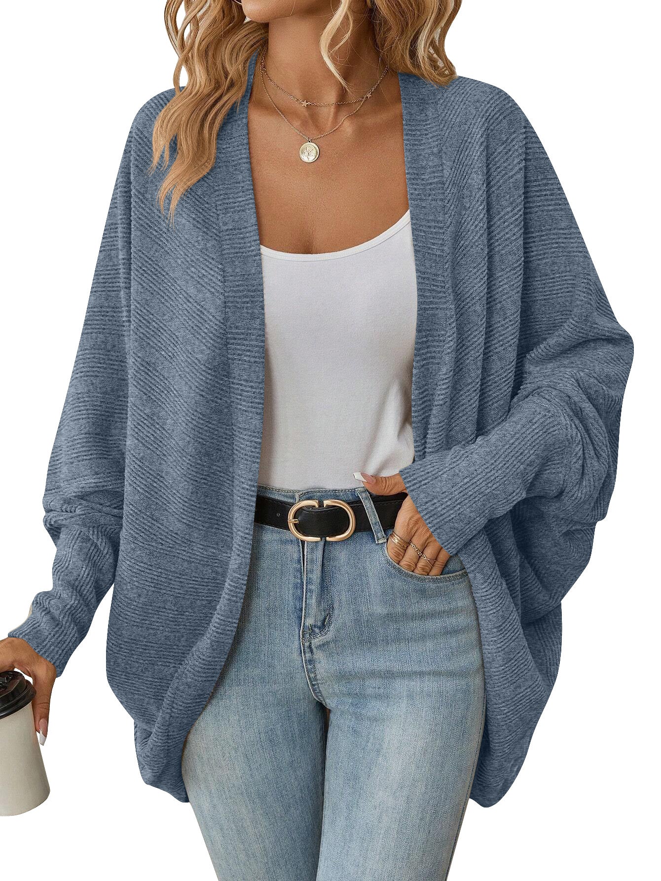 Wholesale Polyester Autumn Winter Women Fashion Bat Sleeve Cardigan Loose Knitted Jacket